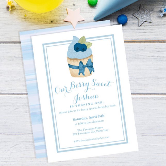 Invitation Berry Sweet 1er anniversaire Boy Blueberry Cupcake (Créateur téléchargé)