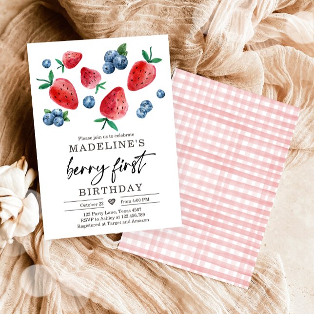 Invitation Berry Sweet 1er Anniversaire Fraise bleuet (Créateur téléchargé)