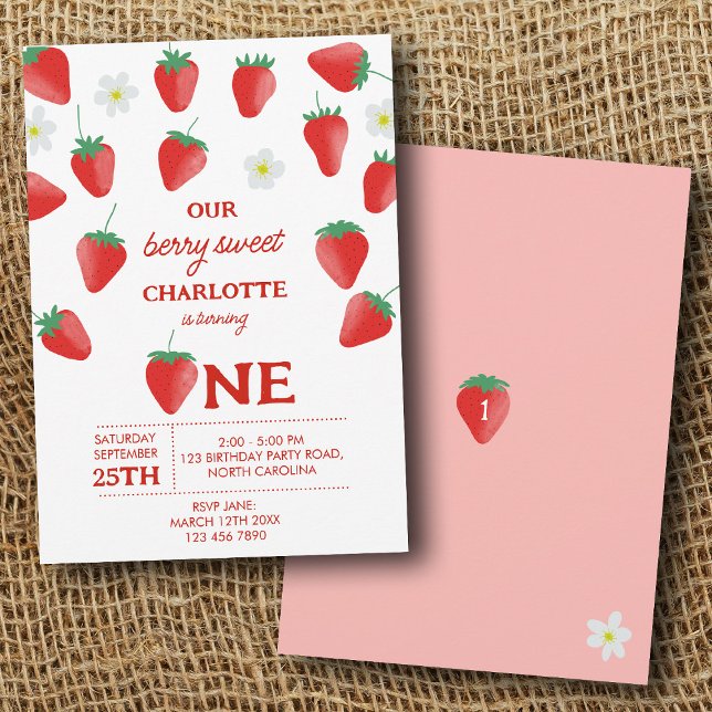 Invitation Berry Sweet 1er Anniversaire Fraise Turner One (Berry Sweet 1st Birthday Strawberry Turning One Invitation)