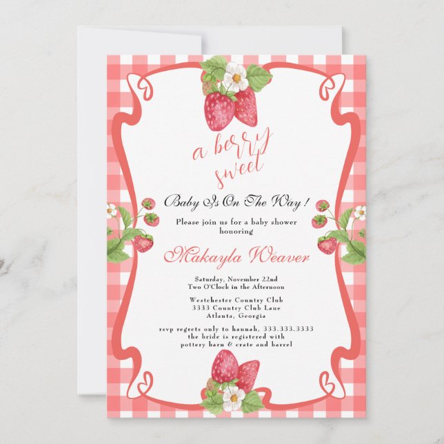 Invitation Berry Sweet Baby shower nappe aux fraises (Devant)