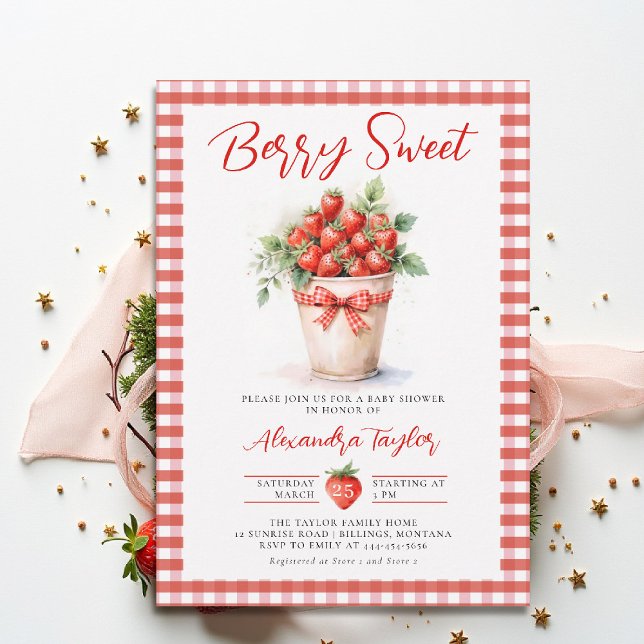 Invitation Berry Sweet Berries Art Garden Gingham Baby Shower (berry sweet baby shower invitation fruit strawberry theme art watercolor summer garden gingham)
