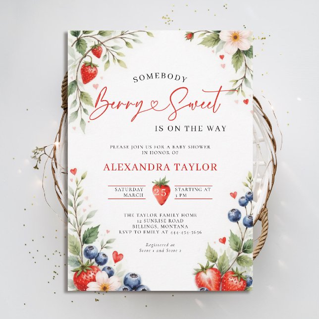 Invitation Berry Sweet Botanical Berries Script Baby Shower (berry sweet baby shower invitation fruit theme strawberry berries botanical watercolor spring summer)