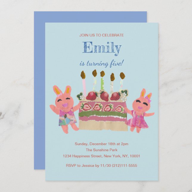 Invitation Berry Sweet Bunny Buddies| Bleu Anniversaire (Devant / Derrière)