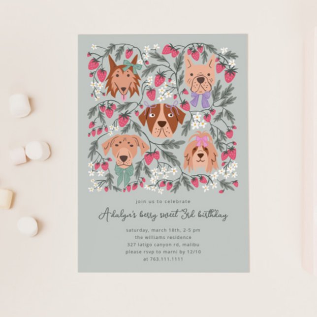 Invitation Berry Sweet fête d'anniversaire | Chiens fraises (Créateur téléchargé)