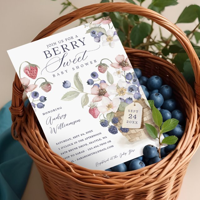 Invitation Berry Sweet Floral & Baby shower Basket Berry (Berry Sweet Floral & Berry Basket Baby Shower Invitation)