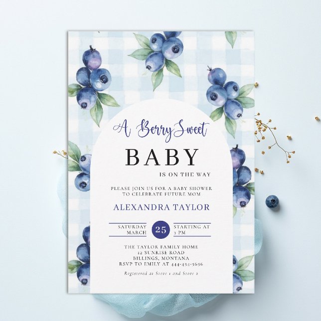 Invitation Berry Sweet Gingham Blue Farm Arch Boy Baby Shower (berry sweet baby shower invitation boy blue blueberries farmhouse cottage watercolor gingham arch)