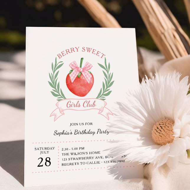 Invitation Berry Sweet Girls Club Strawberry Bow Anniversaire (Berry Sweet girls birthday party invitation with strawberries and pink bows by Darling & May)