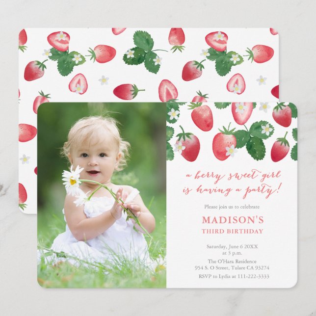 Invitation Berry Sweet Girls Strawberries fête d'anniversaire (Devant / Derrière)