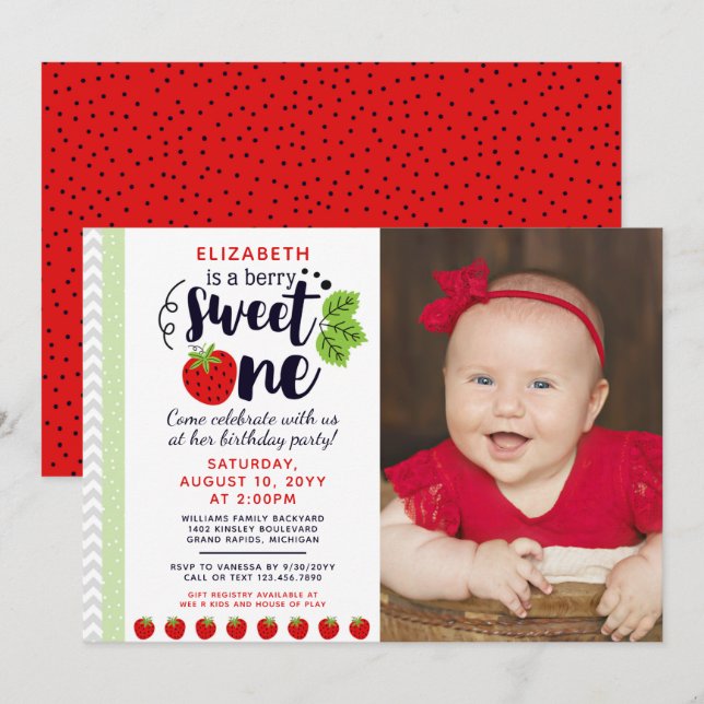 Invitation Berry Sweet ONE fraise Baby Premier anniversaire (Devant / Derrière)