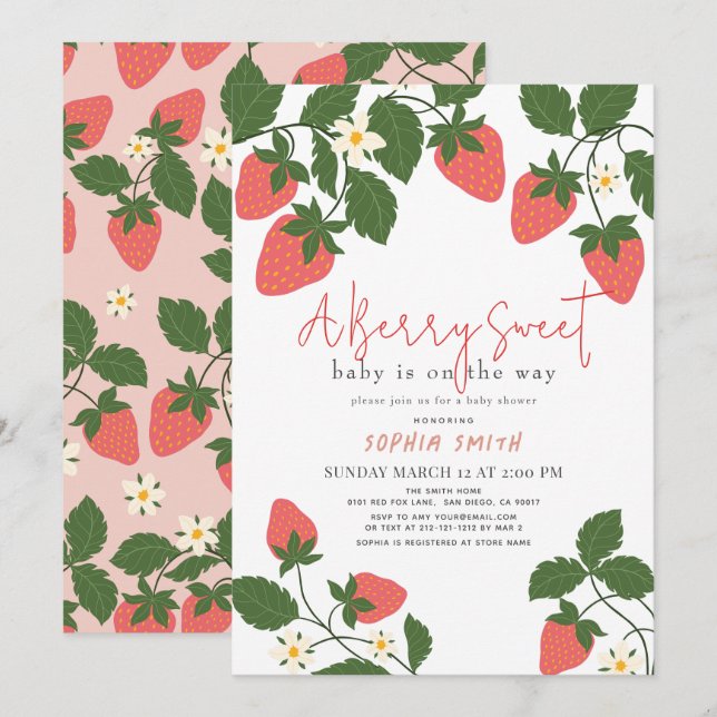 Invitation Berry Sweet Pink Fraise Baby shower fille (Devant / Derrière)
