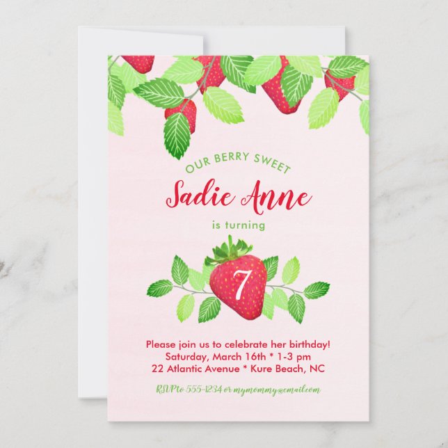 Invitation Berry Sweet Strawberry Anniversaire fille rouge et (Devant)