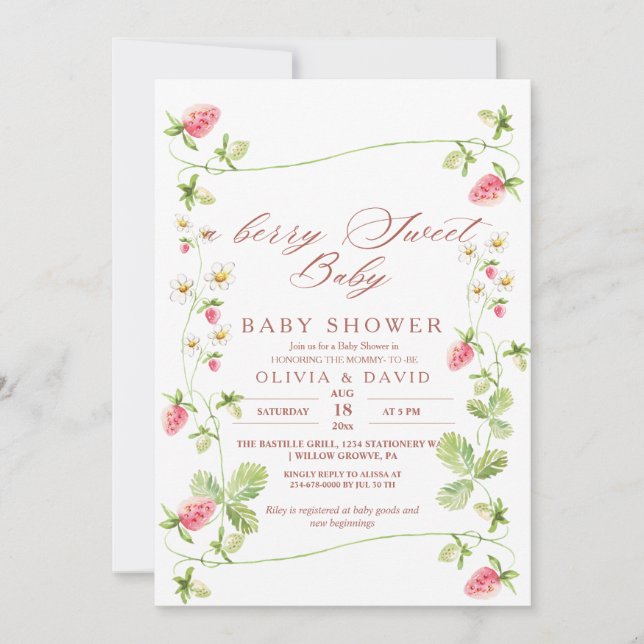 Invitation Berry Sweet Strawberry Baby shower élégant (Devant)