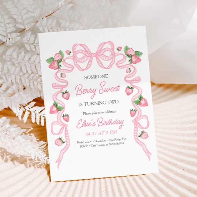 Invitation Berry Sweet Strawberry Bow rose Anniversaire (Créateur téléchargé)