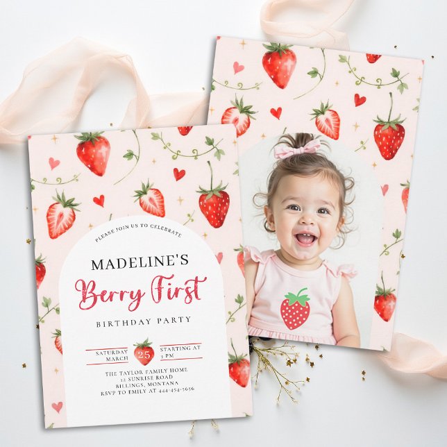 Invitation Berry Sweet Strawberry Cute Photo 1st Birthday (berry first birthday party photo invitation girls strawberry 1st watercolor summer farmhouse patch)