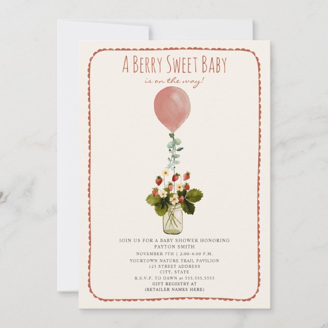 Invitation Berry Sweet Strawberry Doodle Baby shower fille (Devant)