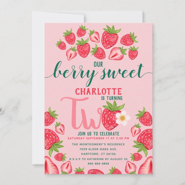 Invitation Berry Sweet Strawberry fête d'anniversaire de deux (Devant)
