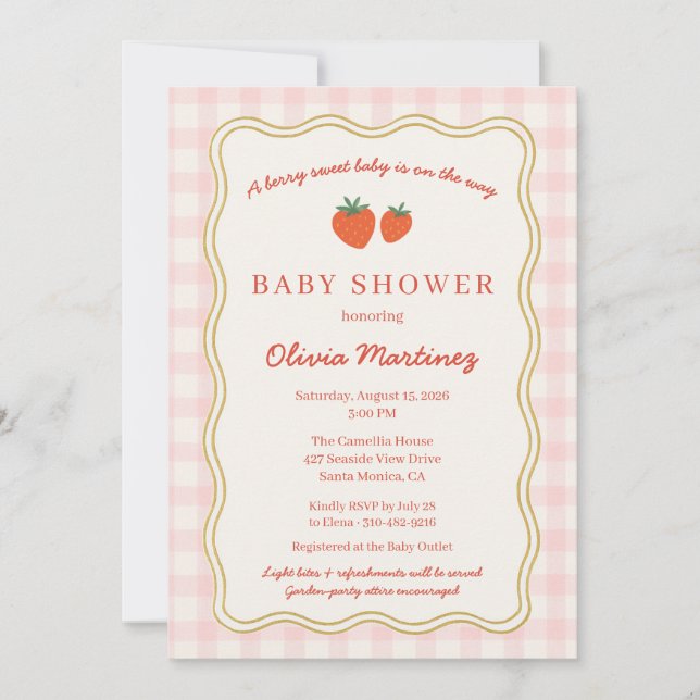 Invitation Berry Sweet Strawberry Gingham Baby Shower (Devant)