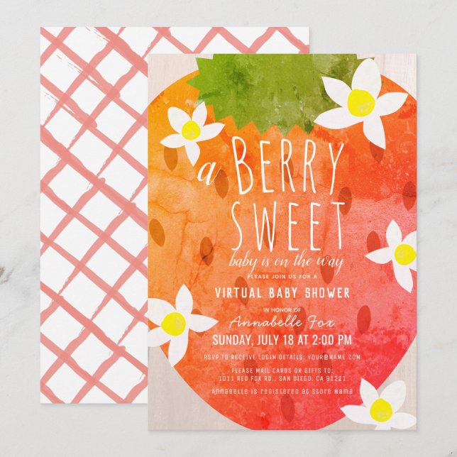 Invitation Berry Sweet Strawberry Girl Baby shower virtuel (Devant / Derrière)