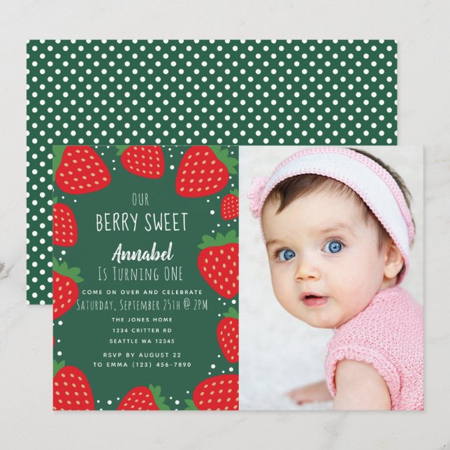 Invitation Berry Sweet Strawberry Kids 1er anniversaire Photo (Devant / Derrière)