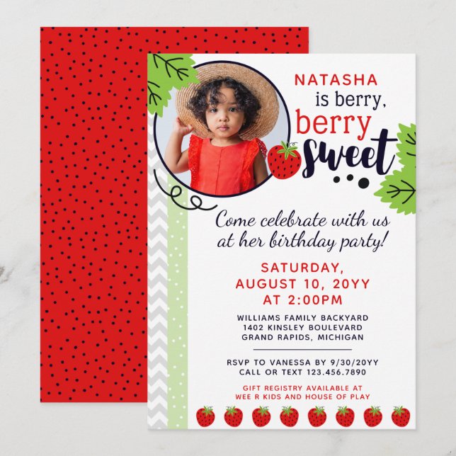 Invitation Berry Sweet Strawberry pour enfants fête d'anniver (Devant / Derrière)