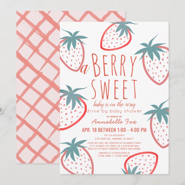 Invitation Berry Sweet Strawberry Red Baby shower Drive-by (Devant / Derrière)