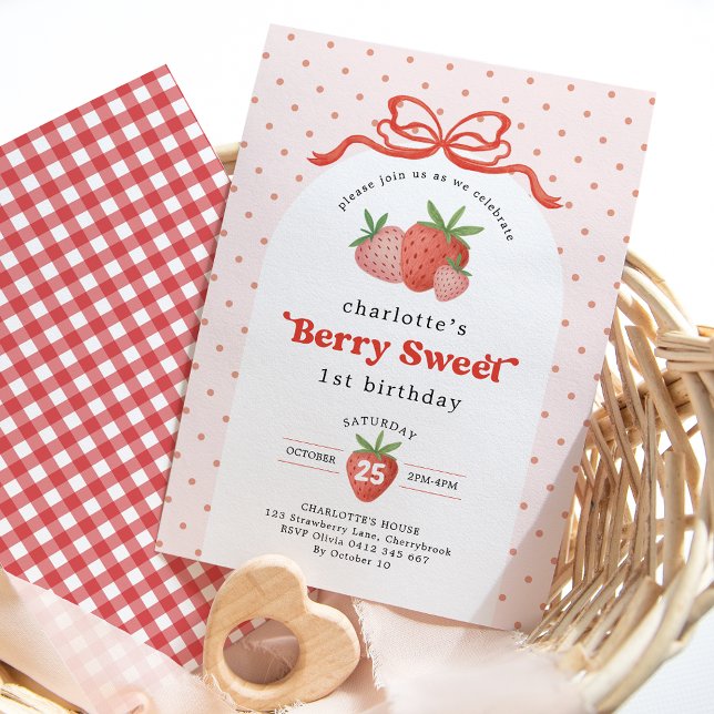 Invitation Berry Sweet Strawberry Red Bow Premier anniversair (Créateur téléchargé)