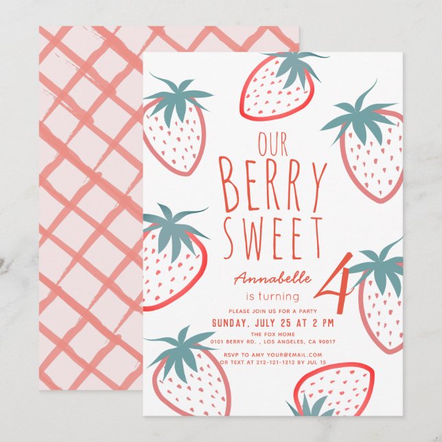 Invitation Berry Sweet Strawberry Rouge Blanc Anniversaire (Devant / Derrière)