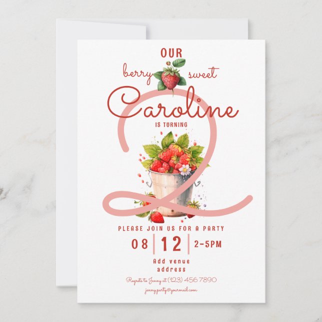 Invitation Berry Sweet Strawbery Baby Girl Birthday Party (Devant)