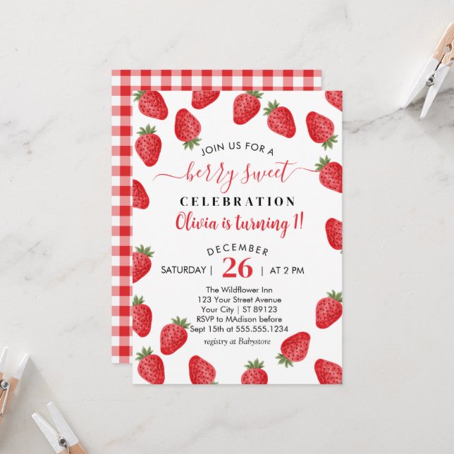 Invitation Berry Sweet tourne 1 fraise 1er anniversaire (Devant/Arrière en situation)