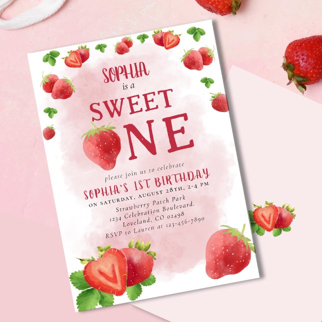 Invitation Berry Sweet Un 1er Anniversaire Fraise Cute (Créateur téléchargé)