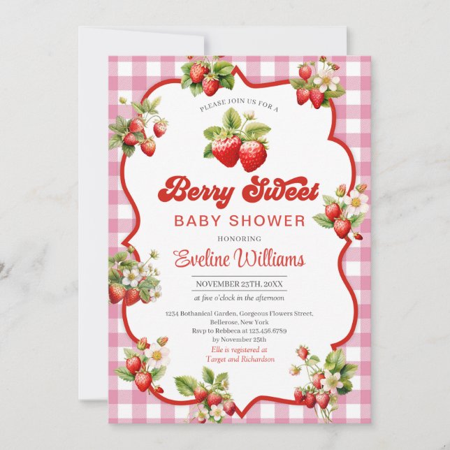 Invitation Berry Sweet Watercolor Baby shower fraise (Devant)