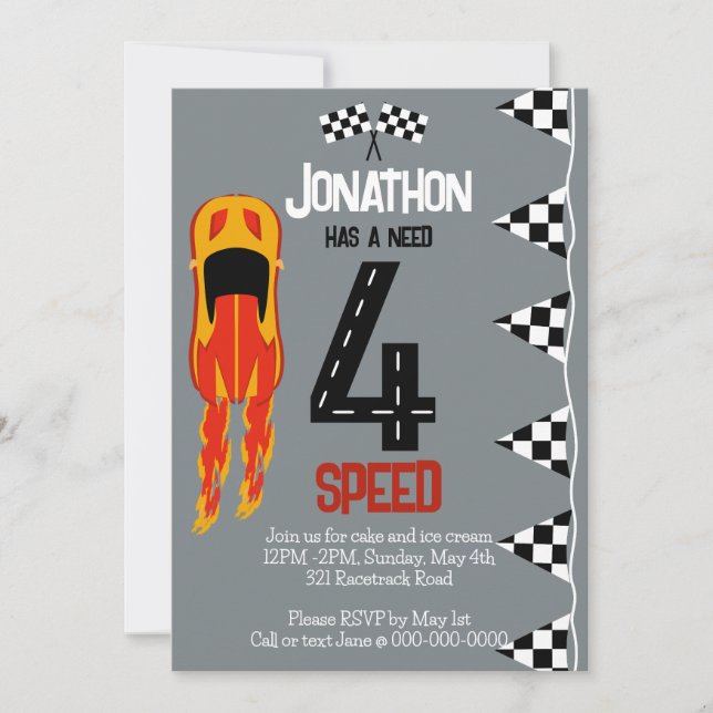 Invitation Besoin de 4 Vitesse 4ème anniversaire fête (Devant)