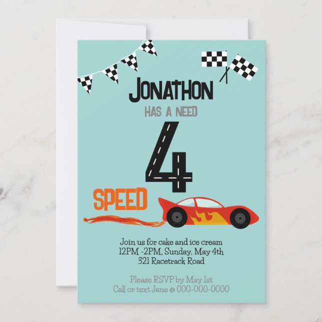 Invitation Besoin de 4 Vitesse 4ème anniversaire fête (Devant)
