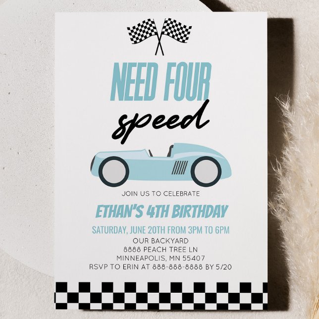 Invitation Besoin de quatre Speed Blue Race Car 4e fête d'ann (Créateur téléchargé)