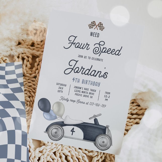 Invitation Besoin de quatre Speed Blue Race Car 4e fête d'ann (Créateur téléchargé)