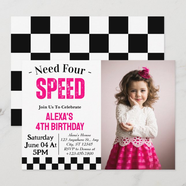 Invitation Besoin de quatre Speed Girl 4th Birthday Party pho (Devant / Derrière)