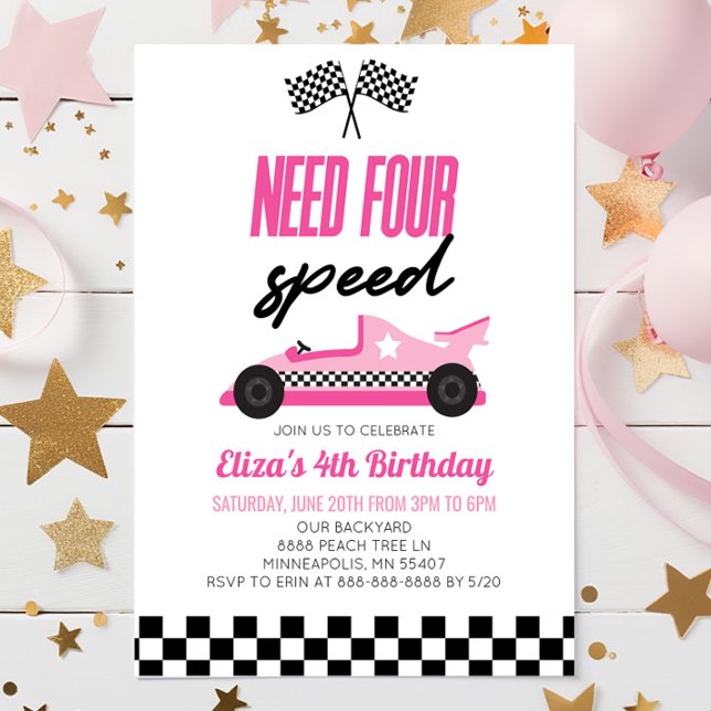 Invitation Besoin de quatre Speed Pink Race Car 4e fête d'ann (Créateur téléchargé)