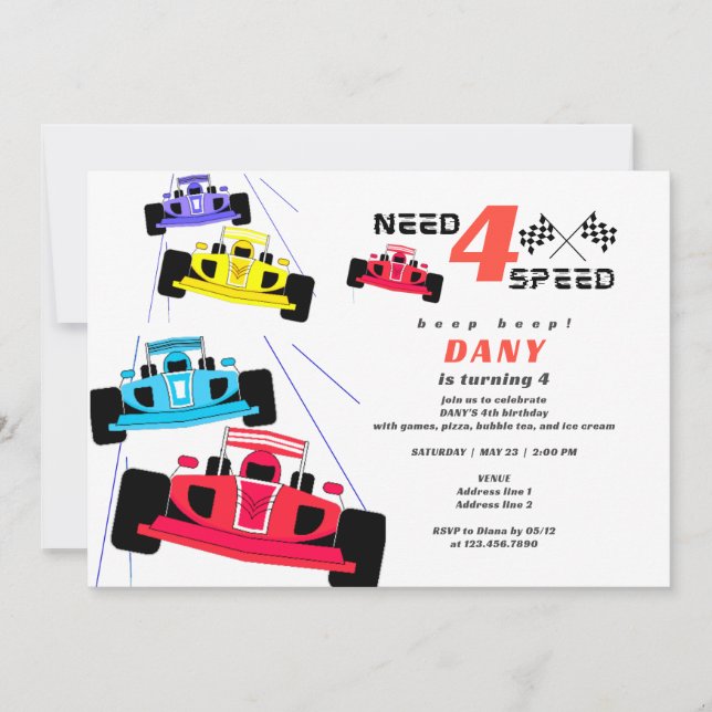 Invitation Besoin de quatre Speed Racer Boy Car Race 4e anniv (Devant)
