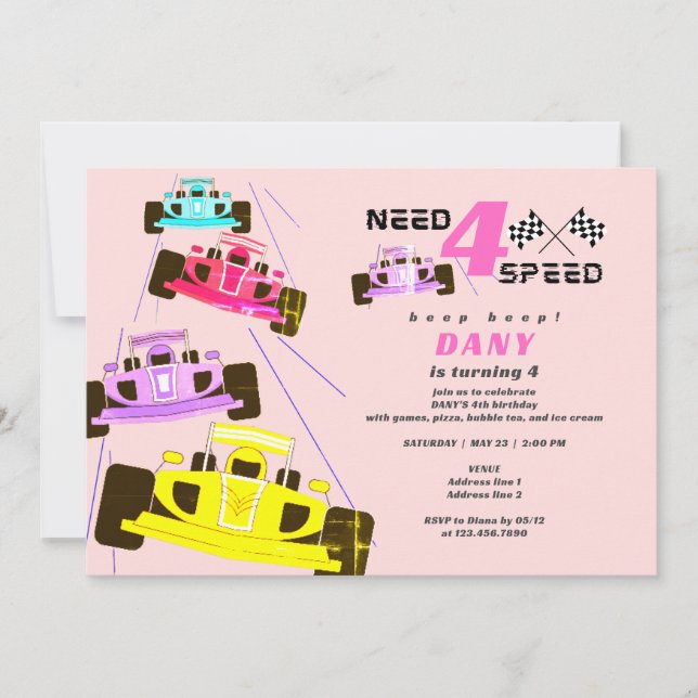 Invitation Besoin de quatre Speed Racer Girl Car Race 4e anni (Devant)