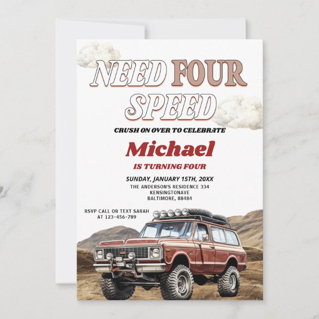 Invitation Besoin de quatre vitesses 4x4 Camion rouge 4e fête (Devant)