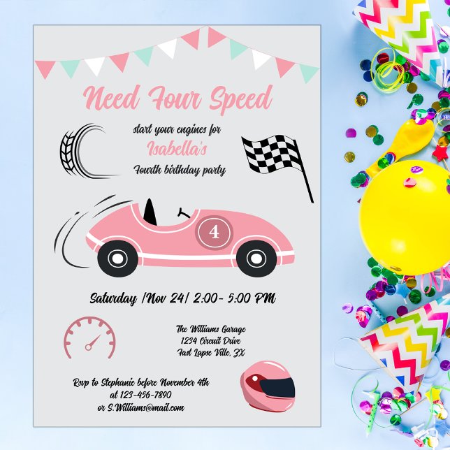 Invitation Besoin de quatre vitesses Festive Pink Race Car An (Créateur téléchargé)