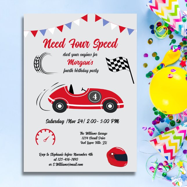 Invitation Besoin de quatre vitesses Festive Red Race Car Ann (Créateur téléchargé)