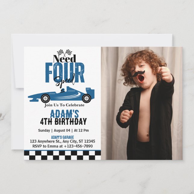 Invitation Besoin de quatre vitesses Race Car Boy 4th Birthda (Devant)