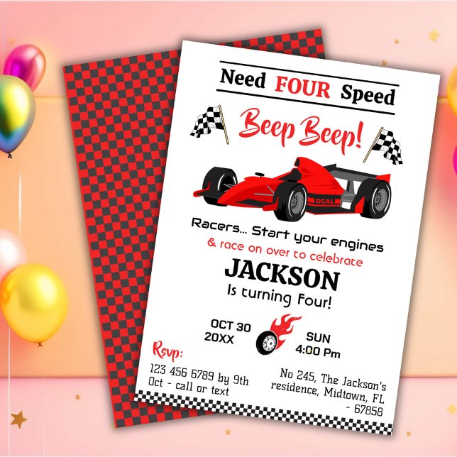 Invitation Besoin de voiture de sport de course rouge à quatr (Créateur téléchargé)