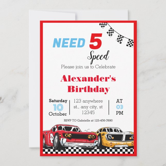 Invitation Besoin d'une voiture de course rouge à 5 vitesses (Devant)