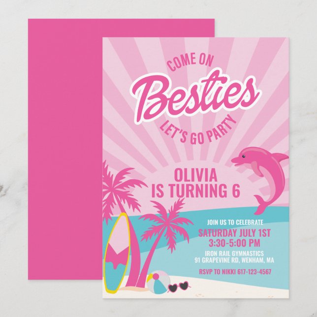 Invitation Besties rose malibu anniversaire de plage (Devant / Derrière)