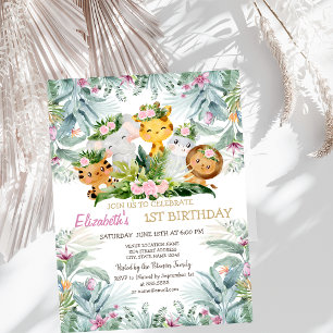 Invitation Bête Sauvage Animaux Floral Tropical 1er Anniversa