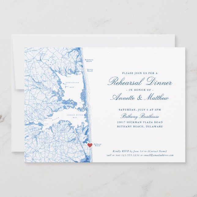 Invitation Bethany Beach DE Map Dîner de répétition bleu mari (Devant)