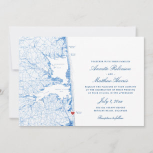 Invitation Bethany Beach DE Map Elégant Mariage bleu marine