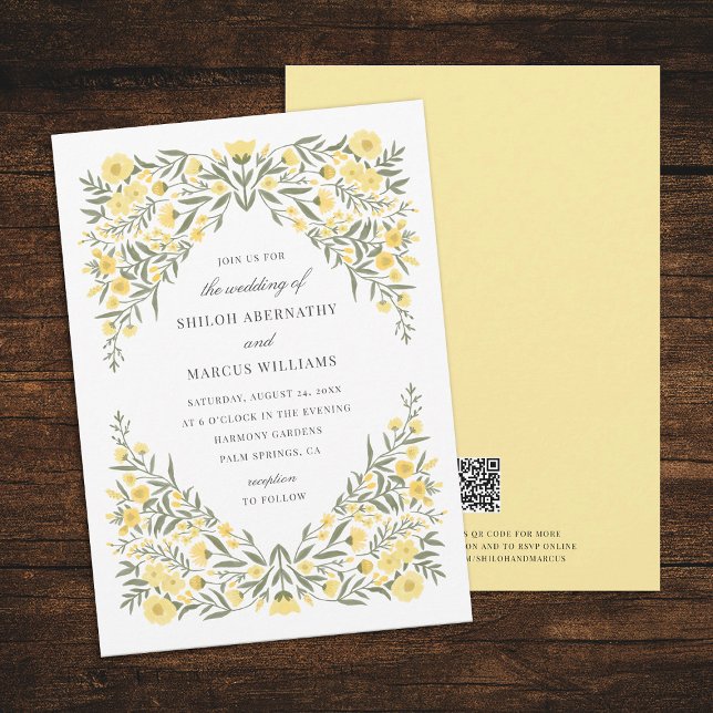 Invitation Beurre Avalon Jaune Floral Mariage QR Code (Créateur téléchargé)